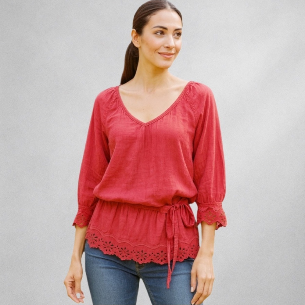 ZARA Womens Blouse M Boho Peasant V-Neck Eyelet Hem 3/4 Sleeve